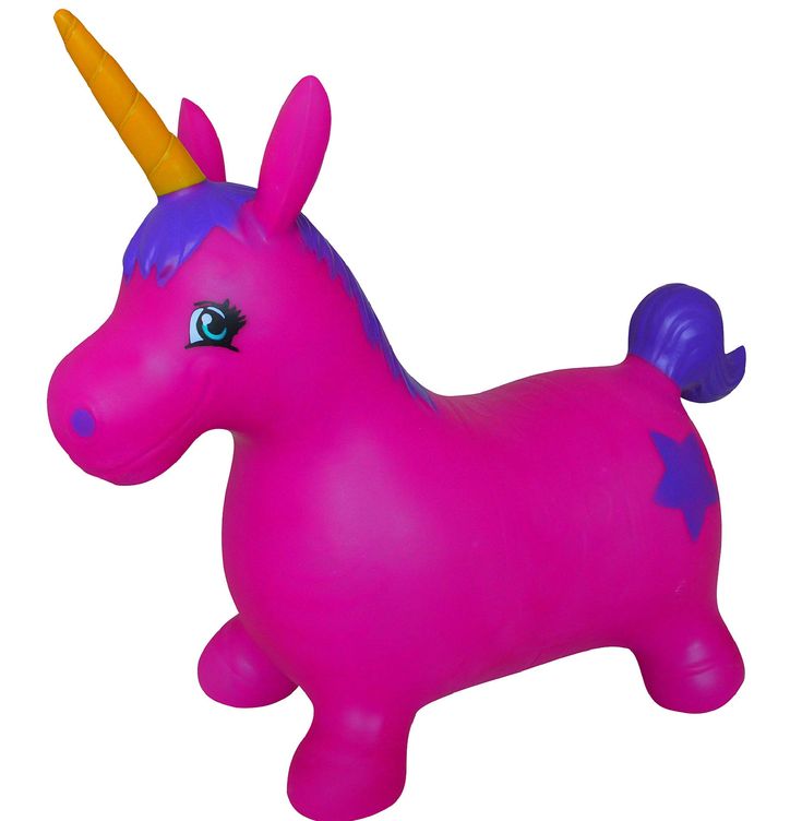 an inflatable pink unicorn toy next to a marker