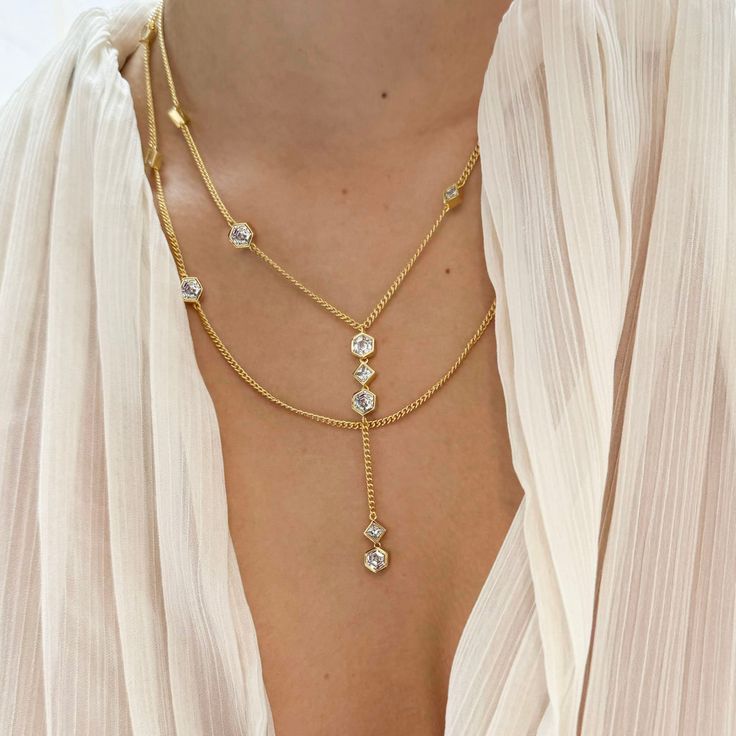 Morgane Bezel Strand Necklace – Bonheur. Gold Dipped, Sparkling Crystal, Strand Necklace, Luxury Jewelry, Coupon Codes, Timeless Elegance, Gold Jewelry, 18k Gold, Gold Necklace