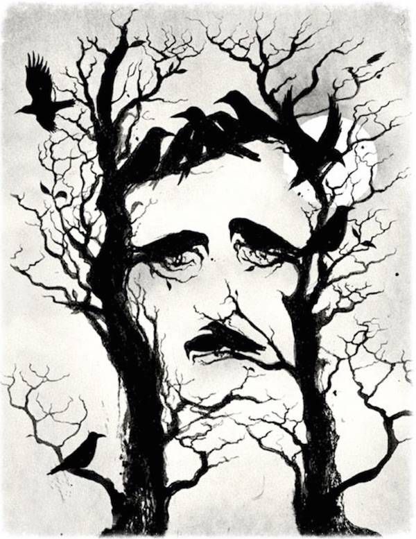 a black and white drawing of a man's face surrounded by trees with crows