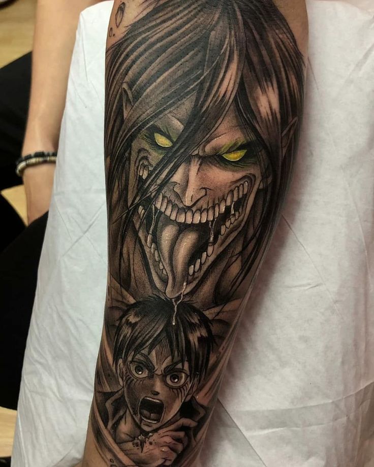 a woman with an evil face on her arm