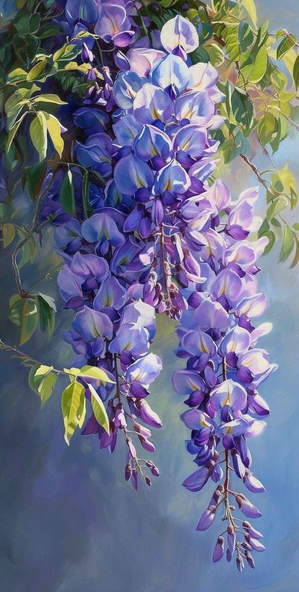 an oil painting of purple flowers hanging from a tree branch with green leaves on it