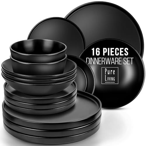 a set of black dinnerware is shown with the words, 16 pieces dinerware set