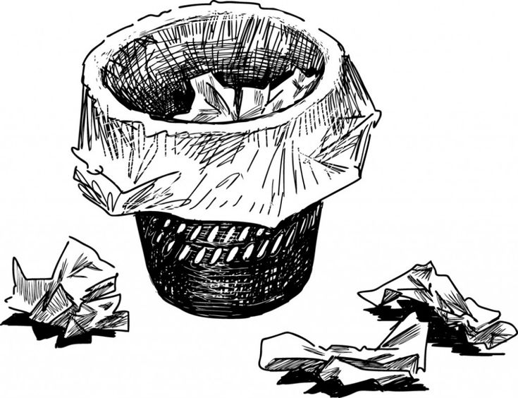 a black and white drawing of a trash can with crumpled paper on the ground next to it