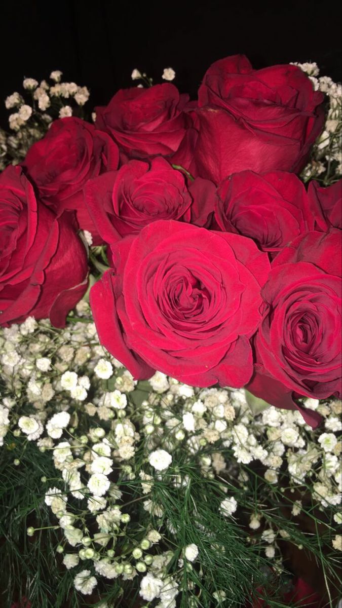 a bouquet of red roses and baby's breath