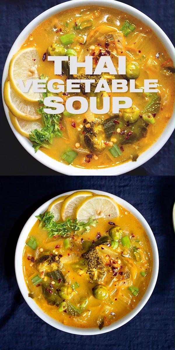 two bowls of soup with broccoli, lemons and other vegetables in them