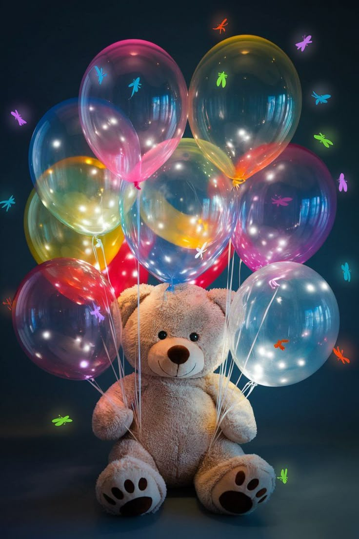 a teddy bear sitting in front of balloons