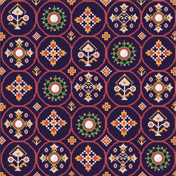 an old fashioned cross stitch pattern with circles and flowers in the center, on a dark background