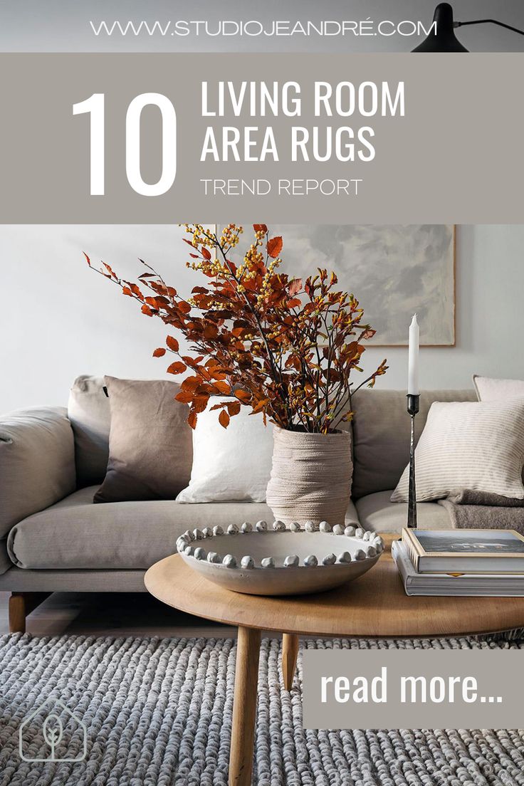 living room area rugs with text overlay reading 10 living room area rugs trend report read more