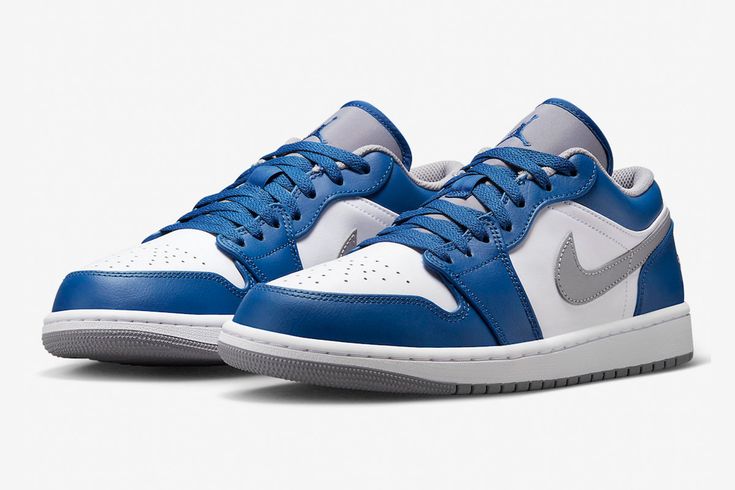 Air Jordan 1 Low ‘True Blue Cement’ Air Jordan 1 True Blue, Jordan True Blue, Nike Air Jordan 1 Low, Jumpman Logo, Cement Gray, Wings Logo, Shoe Inspo, Nike Air Jordan 1, Air Jordan 1 Low