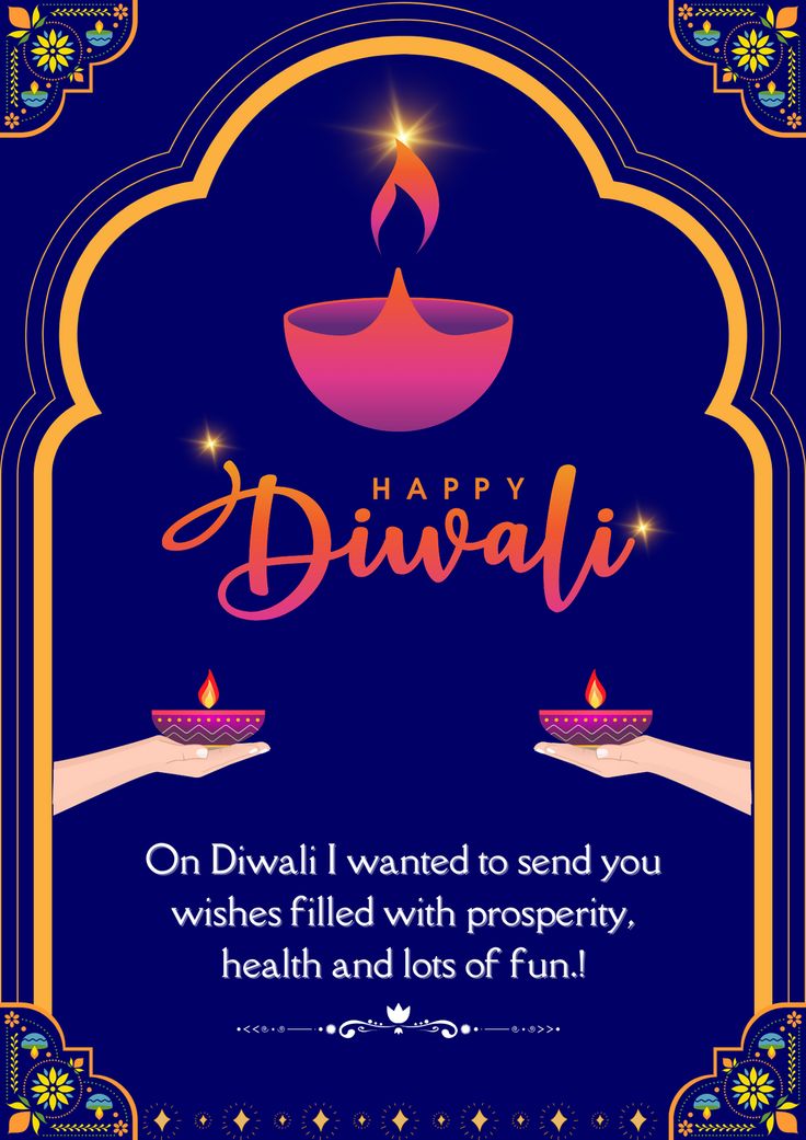 happy diwali greeting card with hand holding lit oil lamp and text on blue background