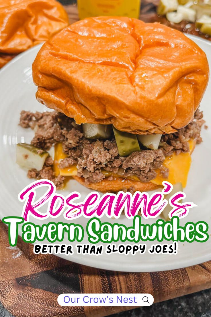 a magazine cover with an image of a cheeseburger on a white plate and the title, roseme's tavern sandwiches better than sloppy joes