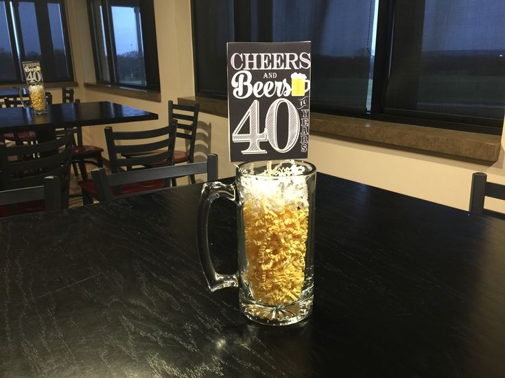 a beer mug sitting on top of a table next to a sign that reads cheers beers 40