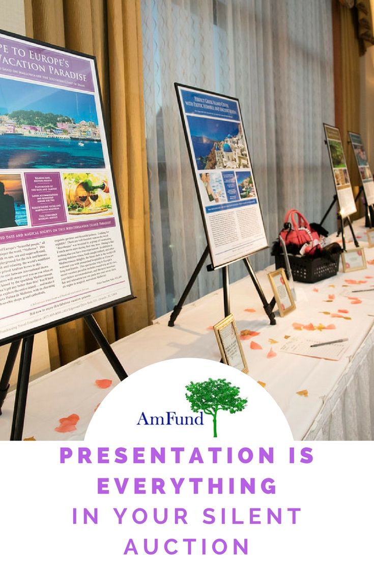 a table with some pictures on it and the words presentation is everything in your silent auction