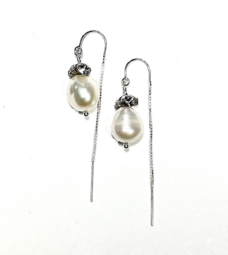 Stunning Pearl Drop Earrings, and Made by Hand! Simple Elegance are these gorgeous swarovski rhinestone and baroque pearl drop earrings.Dangle about .75 inches in lengthAvailable with 14K gold-filled threaders or regular French earwire OR in ALL Sterling Silver Elegant White Plug Earrings With Ear Wire, Sterling Silver Threader Earrings For Wedding, Elegant French Hook Earrings For Anniversary, Elegant Earrings With French Hook For Anniversary, Classic Long Drop Earrings For Anniversary, Pear Shaped White Gold Earrings, Formal Pear-shaped Earrings With Ear Wire, White Gold Teardrop Pearl Earrings, Classic Long Drop Pearl Earrings With Ear Wire