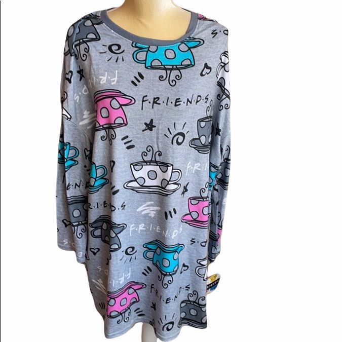 Very Cute Friends Tv Show Themed Nightshirt With Coffee Cups All Over Print Reminds You Of Central Perk And Takes You Back In Time Nostalgia. Polyester Blend Fabric Printed Long Sleeve Sleepwear, Cozy Crew Neck Sleepwear For Sleepover, Printed Long Sleeve Sleepwear For Sleepover, Cotton Sleepwear With Graphic Print For Lounging, Casual Long Sleeve Cotton Nightgown, Sleepover Sleepwear With Graphic Print And Relaxed Fit, Casual Multicolor Nightgown For Bedtime, Cotton Sleepwear With Crew Neck, Relaxed Fit Crew Neck Sleepwear For Overnight