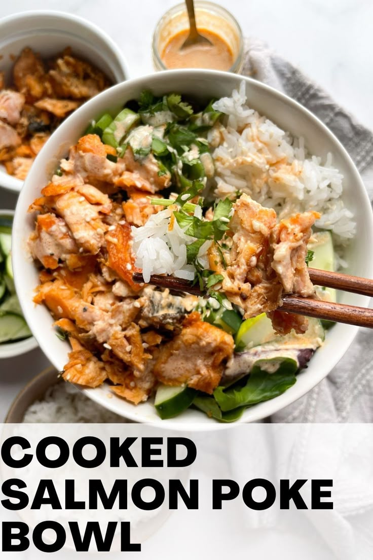 the bowl is filled with cooked salmon poke bowl