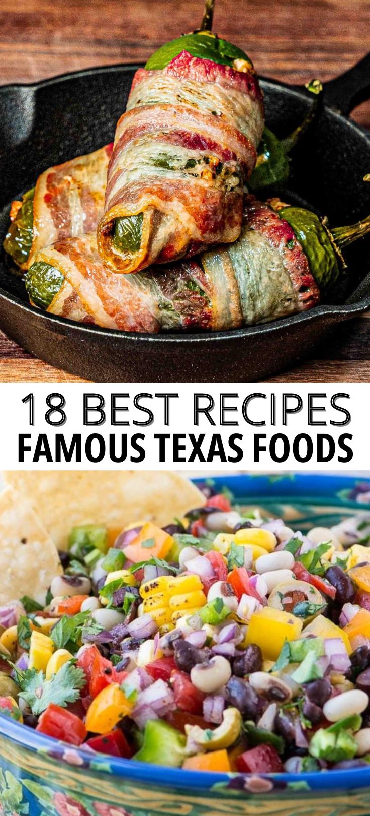 Bacon wrapped Jalapenos in a cast iron skillet, Cowboy caviar in a bowl, text: 18 Best Recipes Famous Texas Foods. Texas Barbecue Recipes, Texas Themed Food Party Ideas, Texas Side Dishes, Texas Mexican Recipes, Texas Straw Hat Recipe, Texas Themed Party Food, Best Texas Recipes, South Western Recipes, Cowboy Crackers