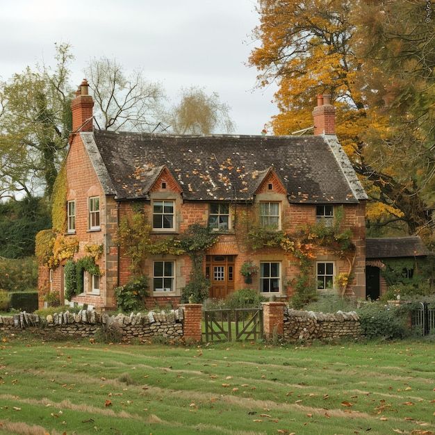 an old brick house with ivy growing all over it's roof and windows in the fall