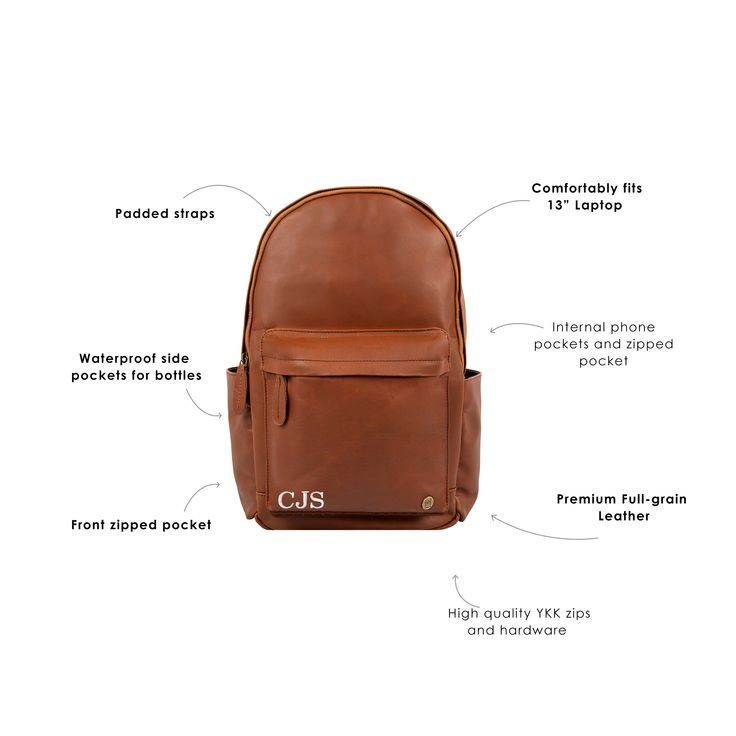 Extendable back straps, front zip pocket, internal zip pocket, two internal compartments, two external waterproof side pockets for bottles. Classic Travel Backpack With Leather Handles, Functional Leather Backpack With Leather Handles, Classic Satchel Backpack, Business Backpack With Leather Handles, Classic Laptop Bag Backpack For Everyday Use, Leather Everyday Backpack, Classic Everyday Laptop Backpack, Classic Backpack With Leather Handles For Daily Use, Classic Laptop Backpack For Daily Use