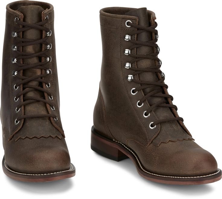 "This 7"" tall women's lace-up roper boot is a refined classic. It's durable full grain leather and classic roper toe and leather outsole set this boot apart.  The round toe and unit block heel provide a relaxed fit in and out of the stirrup and the cushi Justin Boots Boot Barn, Women's Work Boots, Tony Lama Boots, Fly Boots, Rugged Boots, Ostrich Boots, Womens Work Boots, Roper Boots, Steel Toe Boots