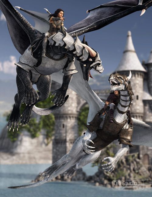 two animated characters riding on the back of a white dragon in front of a castle