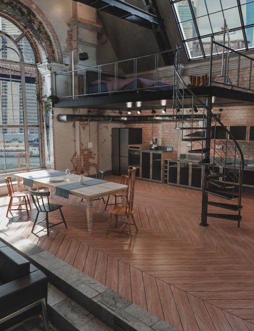 an empty room with tables and chairs in front of a large window, stairs to the second floor