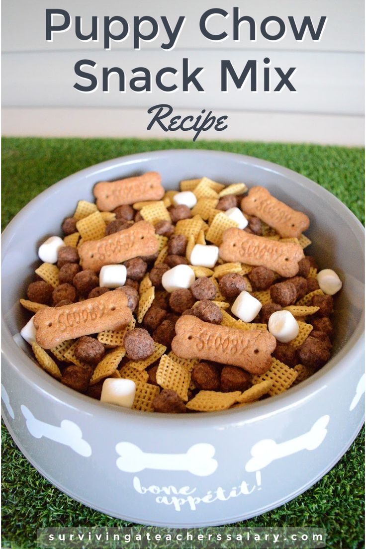 a bowl filled with puppy chow snack mix