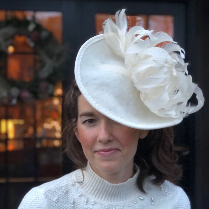 This Is A Lovely Custom Made Ecru Fascinator; Blocked With Felted Wool, Stitched Both By Hand And Machine. The Feather Flower Was Also Custom Made To Adorn This Hat. Comes With Hat Box. Please Let Me Know If You Have Any Questions. Your Purchase Helps To Support A Budding Artist. Elegant White Mini Hats For Events, Elegant White Fascinator For Kentucky Derby, Chic White Mini Hat For Formal Occasions, Chic Cream Wedding Hat, Classic White Fascinator, Elegant Cream Fascinator For Kentucky Derby, Chic Cream Fascinator For Wedding, Elegant Cream Fascinator For Formal Occasions, Elegant White Mini Hat For Royal Ascot