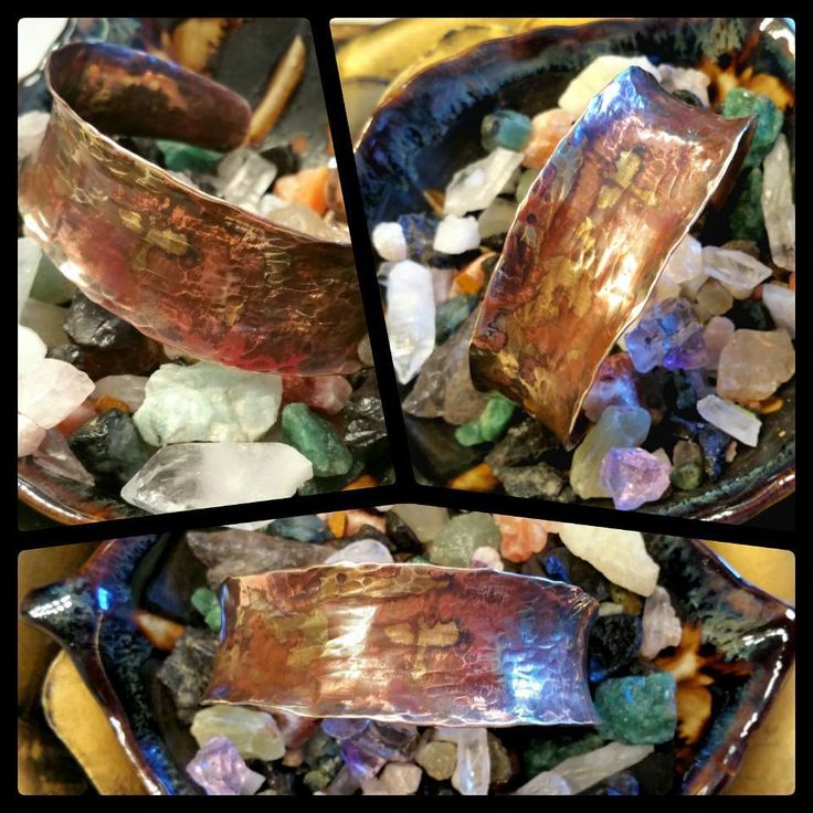 three pictures of different types of rocks and stones in a bowl with spoons on top