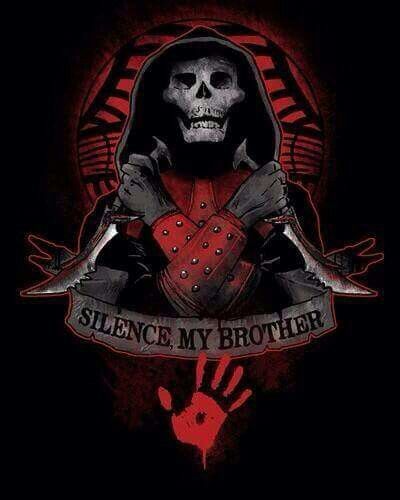 a skeleton holding two knives with the words silence my brother in red and black on it