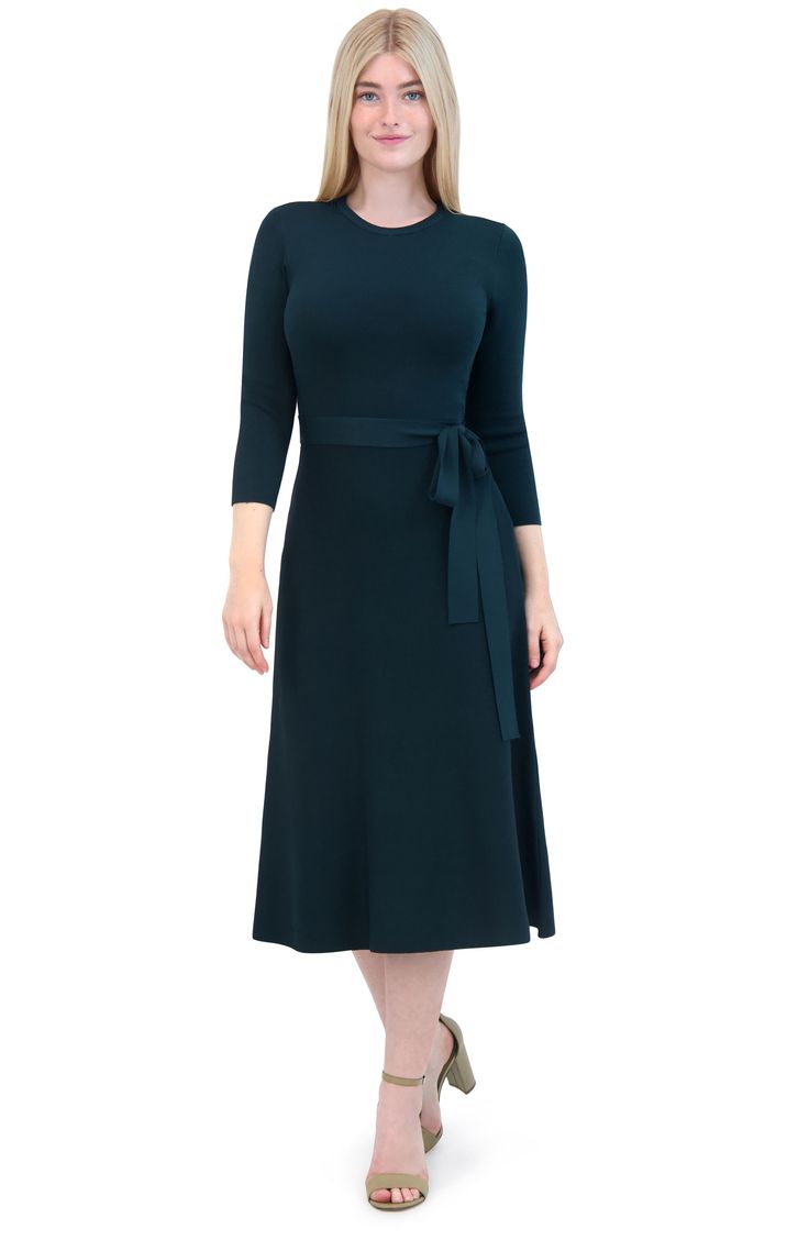 Simple and elegant, this evening-out A-line dress is designed with a defining satiny sash. Slips on over head Jewel neck Three-quarter sleeves Tie belt Unlined 65% rayon, 35% nylon Machine wash, dry flat Imported Solid Belted Midi Dress For Evening, Solid Color Belted Midi Dress For Evening, Elegant A-line Maxi Dress With Tie Waist, A-line Belted Dress For Evening, Formal A-line Maxi Dress With Tie Waist, Elegant Solid Dress With Tie Waist, Elegant Solid Color Dress With Tie Waist, Belted A-line Evening Dresses, Belted A-line Maxi Dress