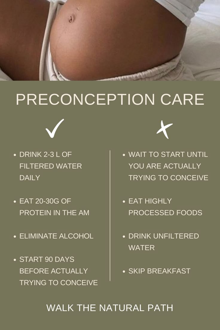 a woman laying in bed with her stomach exposed and the words preconception care