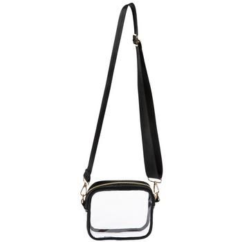 Dimensions: 5.75" x 7" x 2.25" Strap Drop Length: 17" Material: Fabric, Plastic & Metal Color: Black, Gold & Clear Quantity: 1 Carry your items in style with a Clear Stadium Crossbody Bag. It features a fashionably clear body that allows you to see what contents are inside. The bag has a shiny zipper across the top and lobster clasps that connect an adjustable shoulder strap to either side. Add to your going-out outfit with this stylish crossbody bag! Clear Rectangular Bag With Zipper Closure, Clear Crossbody Bag With Adjustable Strap, Black Shoulder Bag With Clear Strap, Trendy Black Shoulder Bag With Clear Strap, Black Bag With Clear Strap For Daily Use, On-the-go Rectangular Shoulder Bag With Clear Strap, Black Shoulder Bag With Clear Strap For Daily Use, Rectangular Shoulder Bag With Clear Strap For School, Rectangular School Shoulder Bag With Clear Strap