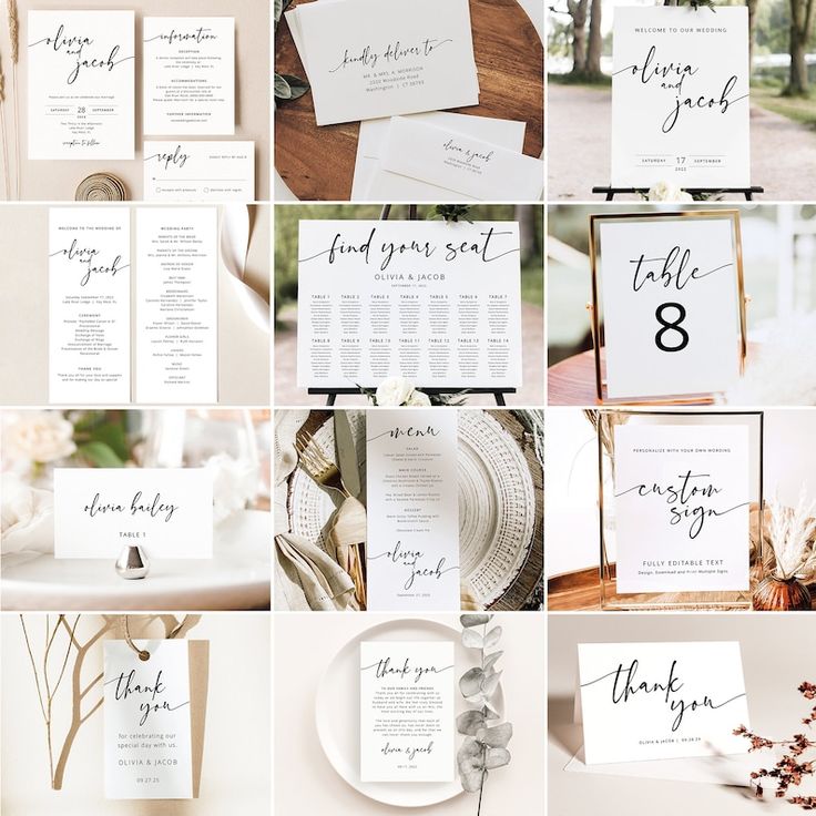 wedding stationery and seating cards displayed in multiple photos with flowers, leaves, and branches