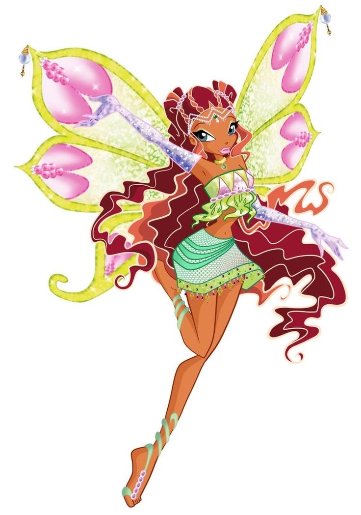 a cartoon fairy with pink flowers on her wings