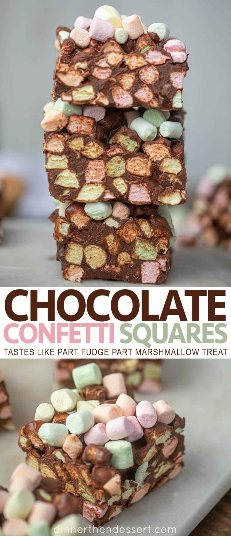 chocolate and marshmallow squares stacked on top of each other with text overlay