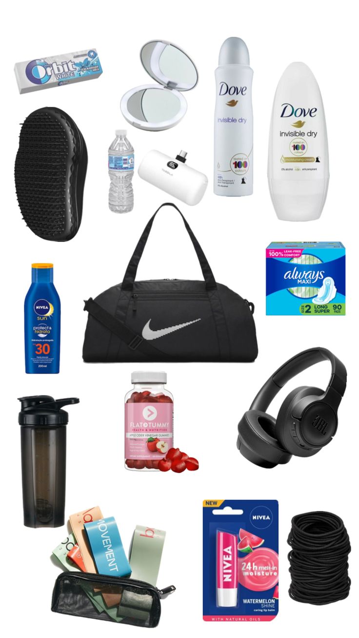 the contents of a travel bag are shown in this image, including earbuds, water bottle, and other items