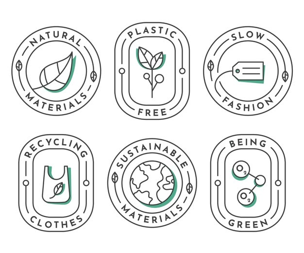 four badges with different types of eco products and the words'natural, plastic, slow fashion