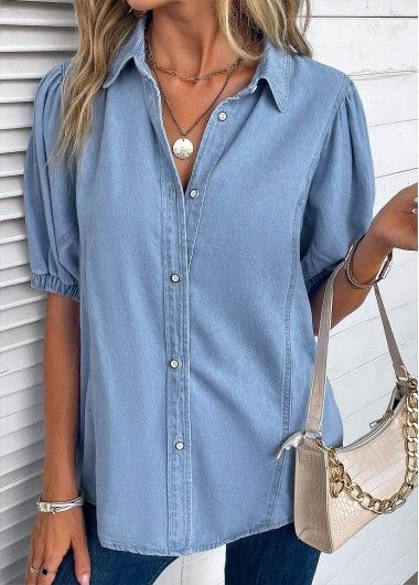 Color:Light Blue;Size:M;Size:L;Size:XL;Package Contents:1 X Blouse;Occasion:Other;Style:Casual; Shirt Collar Blouse, Light Blue Shirt, Womens Trendy Tops, Trendy Tops For Women, Half Sleeve Shirts, Half Sleeve Blouse, Light Blue Shirts, Basic Shirts, Chambray Shirt