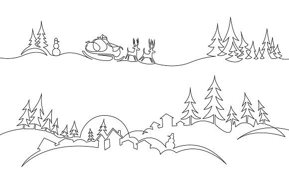 a black and white line drawing of a snowy landscape with trees, snowman and sleigh