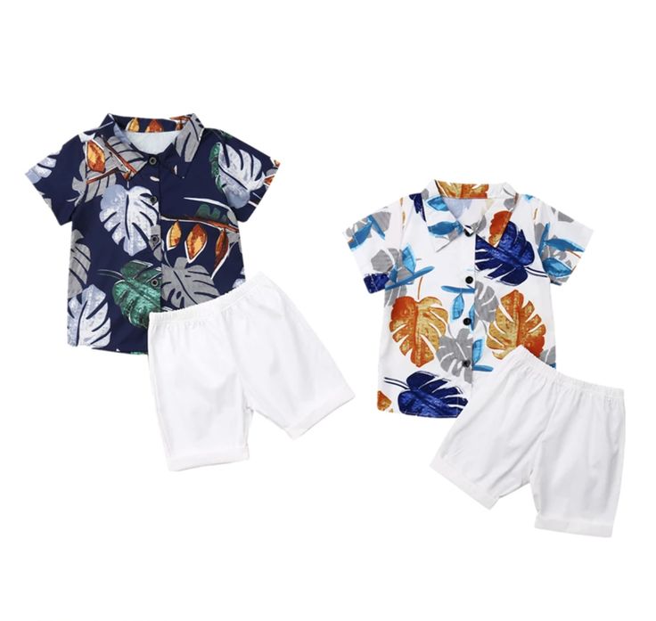 A super cute little gentleman's outfit for summer fun, vacations and more! A darling dress shirt with a tropical summer flair paired with super cute shorts - a must-have for summer! Playful White Shorts For Vacation, Summer Playwear Short Set, Tropical Short Sleeve Sets For Summer, Tropical Short Sleeve Summer Sets, Tropical Summer Sets With Short Sleeves, Summer Playwear Sets For Beach Season, Tropical Short Sleeve Vacation Sets, Playful Summer Sets For Vacation, Summer Short Set For Vacation