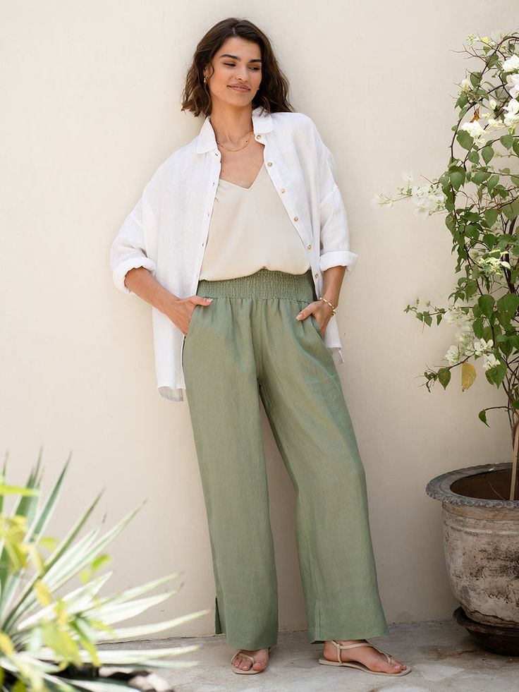 Indali French Linen Pants Moss Side Splits, French Linen, Linen Pants, Luxury Fabrics, Color Matching, Smocking, Full Length, Wide Leg, Sleek