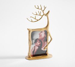 a photo frame with a deer's antlers sticking out of it and a woman holding a baby