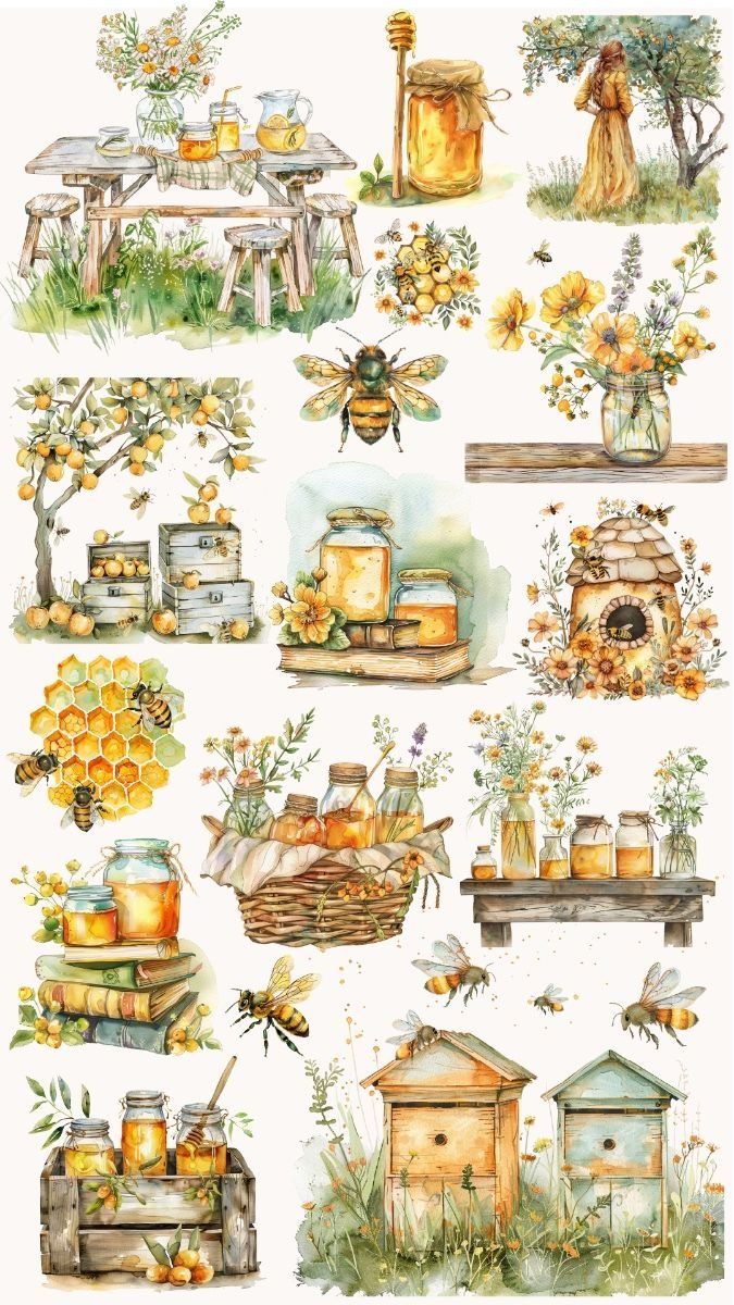 watercolor painting of bees and honey jars with flowers, beehives, hive boxes