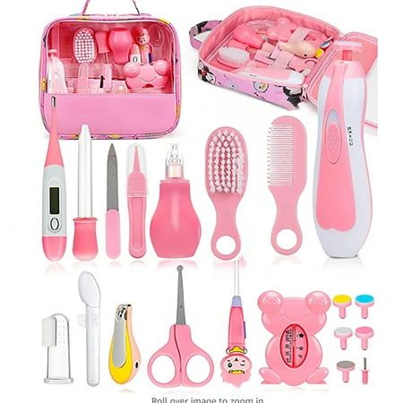 the contents of a children's manicure set are shown in pink and white