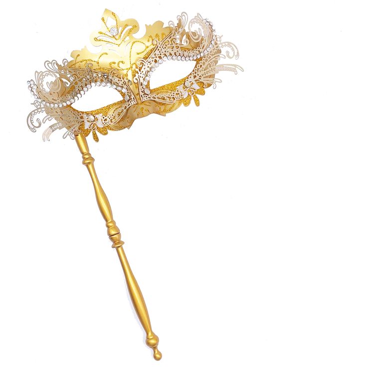 a golden masquerade mask on a stick