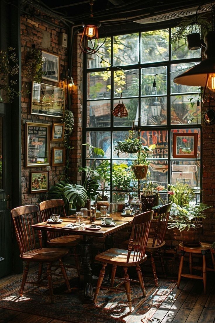 a dining room with lots of windows and plants