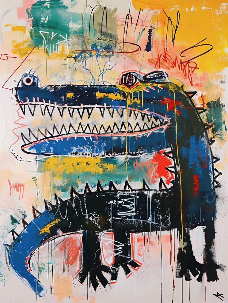 Basquiat Crocodile Painting Basquiat Art Style, Famous Graffiti Art, Punk Painting Ideas, Jean Basquiat Art, Basquiat Wallpaper, Basquiat Inspired Art, Basquiat Prints, Crocodile Painting, Basquiat Artwork