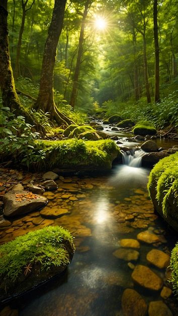 a stream running through a lush green forest filled with lots of moss covered rocks and trees