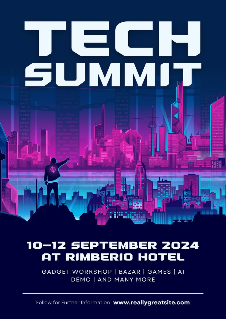 the poster for tech summit, featuring an image of a man standing on top of a mountain